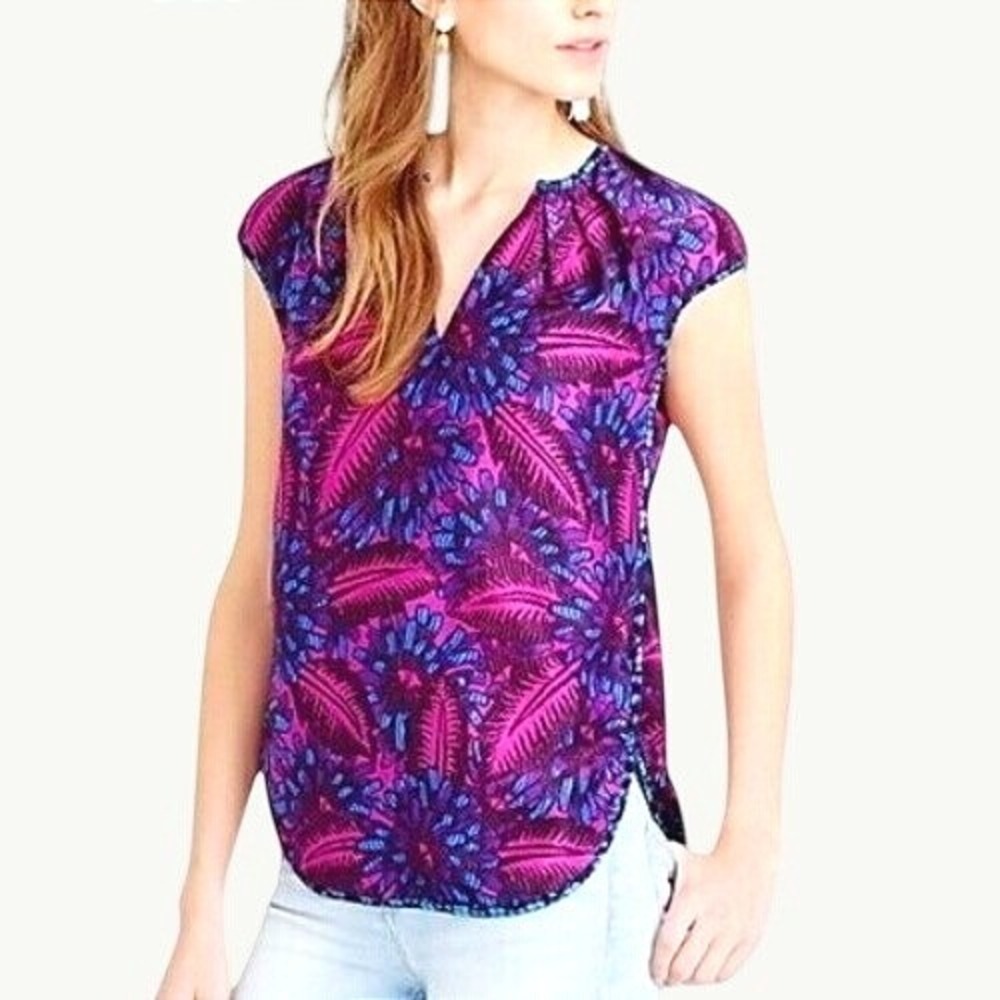 J. Crew Midnight Floral Cocoon Purple Blue Floral Firework 100% Silk Blouse 12